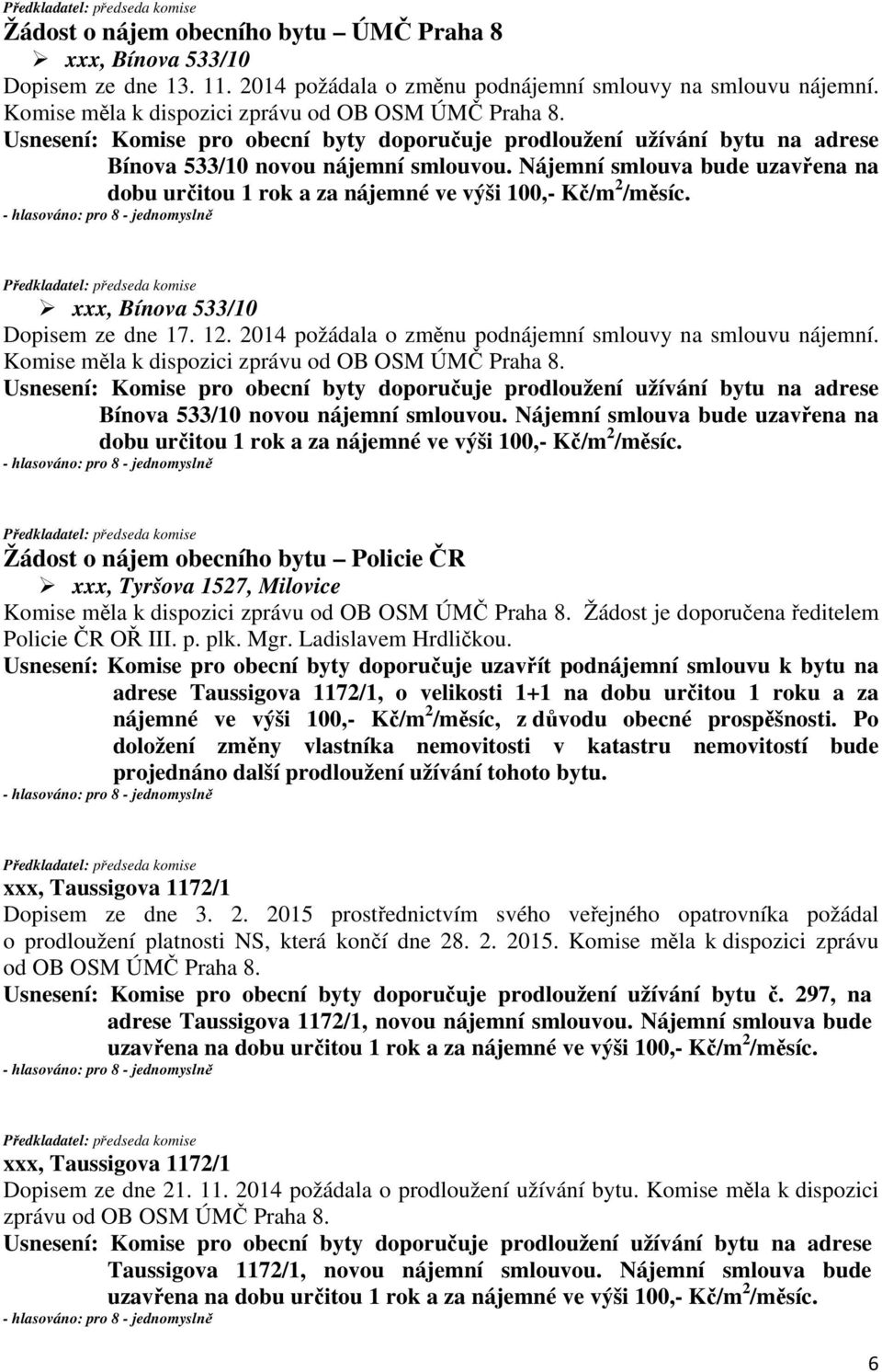 2014 požádala o změnu podnájemní smlouvy na smlouvu nájemní. Komise měla k dispozici Bínova 533/10 novou nájemní smlouvou.