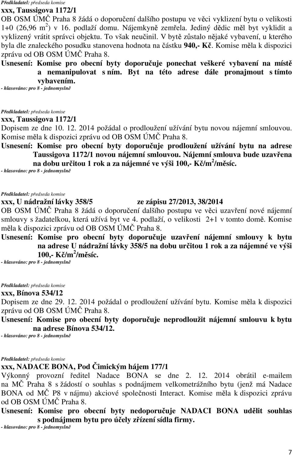 Komise měla k dispozici Usnesení: Komise pro obecní byty doporučuje ponechat veškeré vybavení na místě a nemanipulovat s ním. Byt na této adrese dále pronajmout s tímto vybavením. Dopisem ze dne 10.