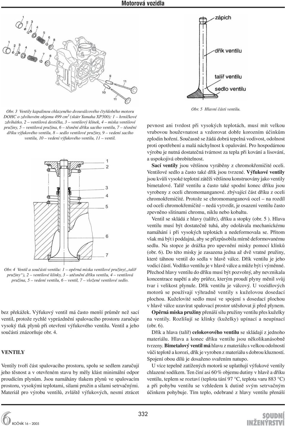 Obr. 4 Ventil a součásti ventilu: 1 opěrná miska ventilové pružiny( talíř pružiny ), 2 ventilové klínky, 3 utěsnění dříku ventilu, 4 ventilová pružina, 5 vedení ventilu, 6 ventil, 7 vložené ventilové