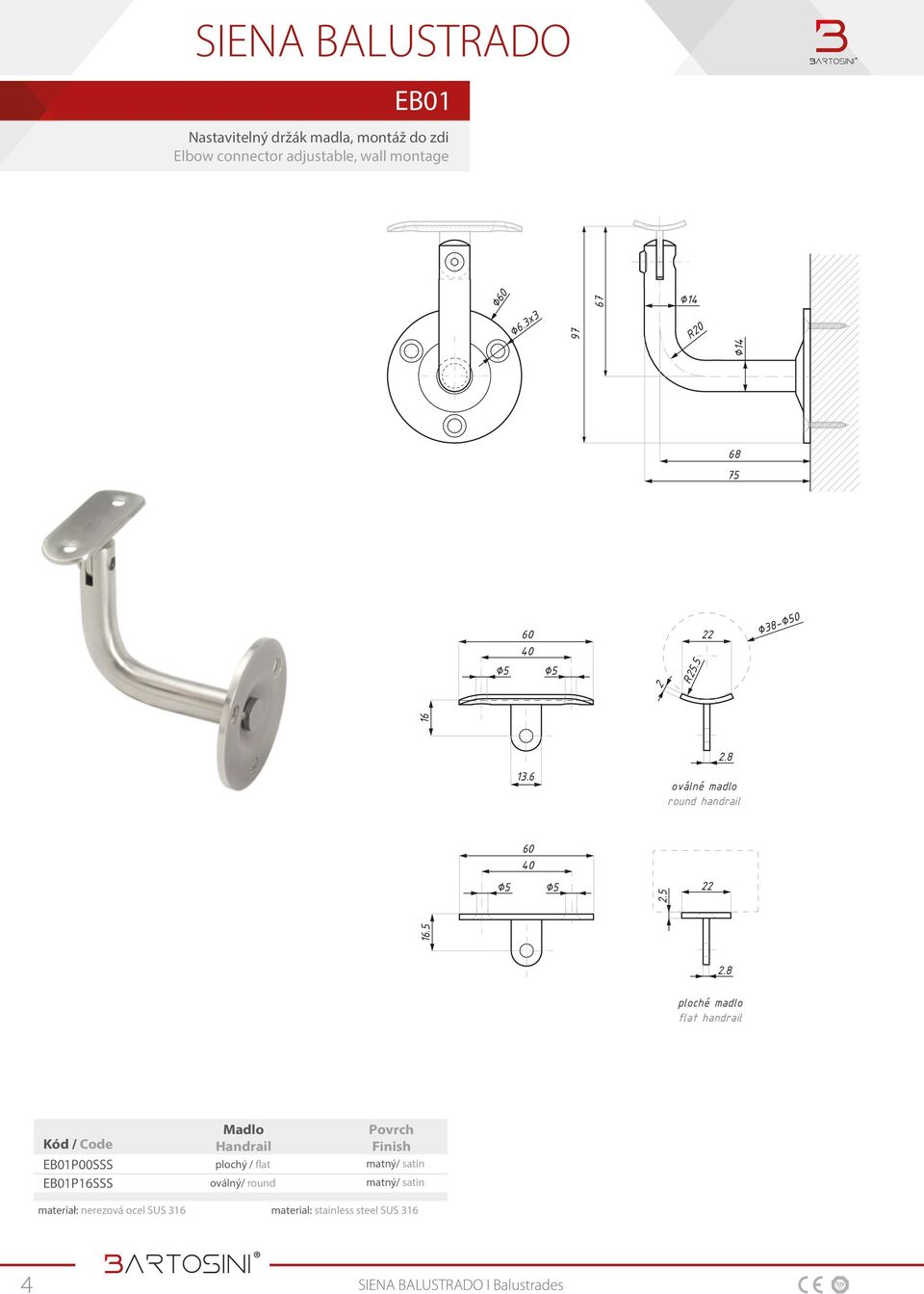 8 oválné madlo round handrail 60 2.5 16.5 2.