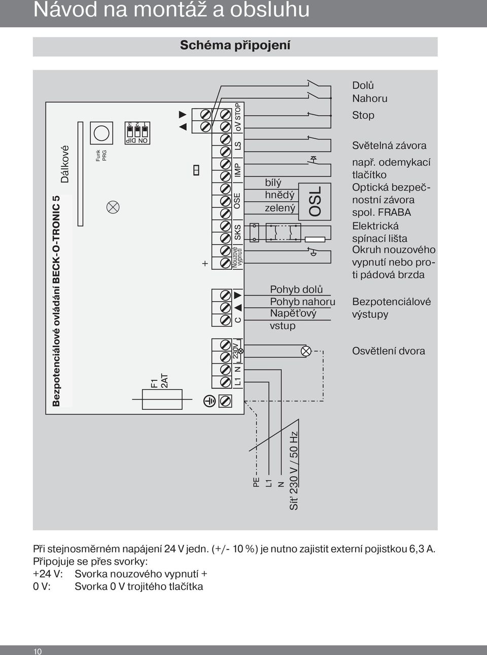 FRABA Elektrická spínací lišta Okruh nouzového vypnutí nebo proti pádová brzda Bezpotenciálové výstupy Osvětlení dvora Síť 230 V / 50 Hz bílý hnědý zelený