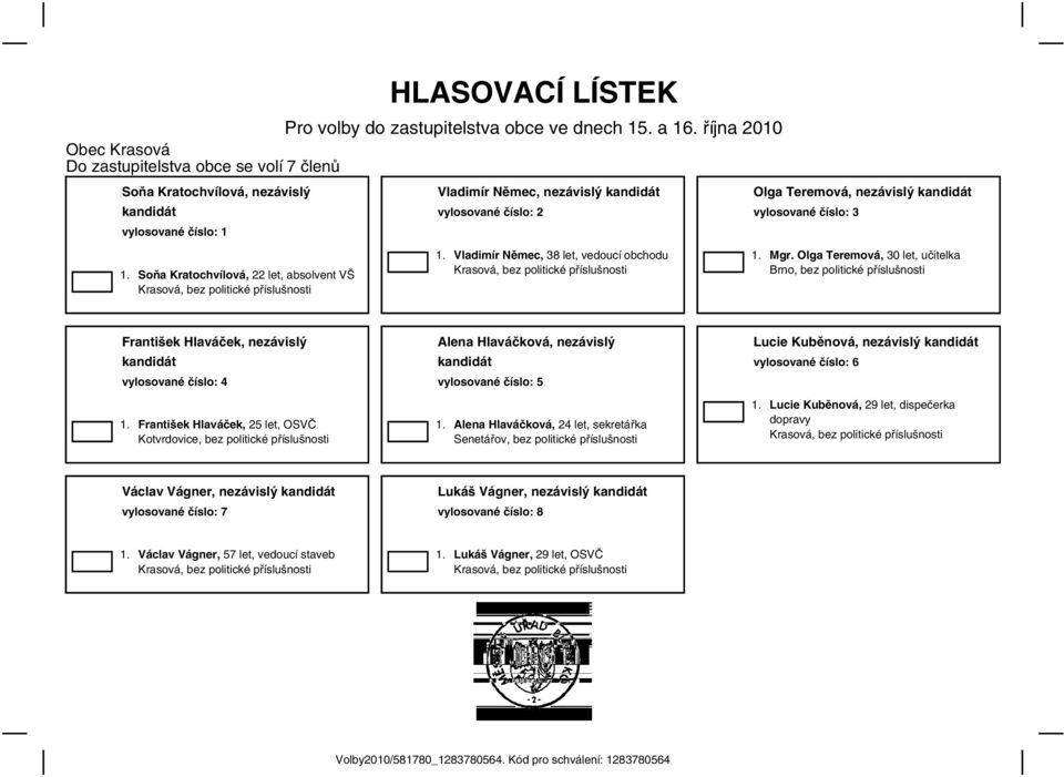 Vladimír Němec, 38 let, vedoucí obchodu Krasová, bez politické Olga Teremová, nezávislý kandidát vylosované číslo: 3 1. Mgr.