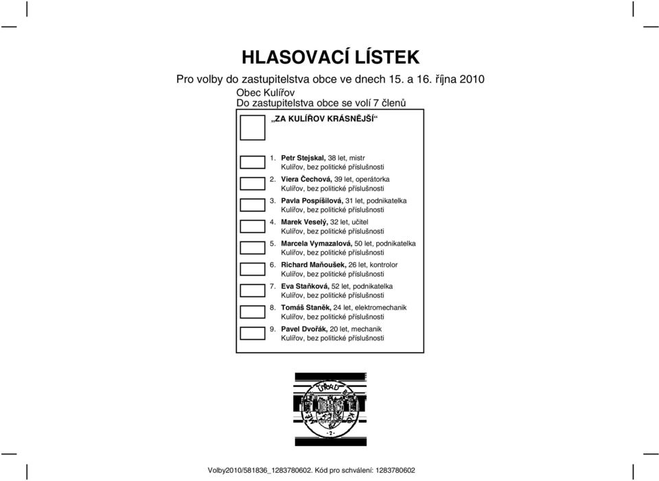 Marek Veselý, 32 let, učitel Kulířov, bez politické 5. Marcela Vymazalová, 50 let, podnikatelka Kulířov, bez politické 6.