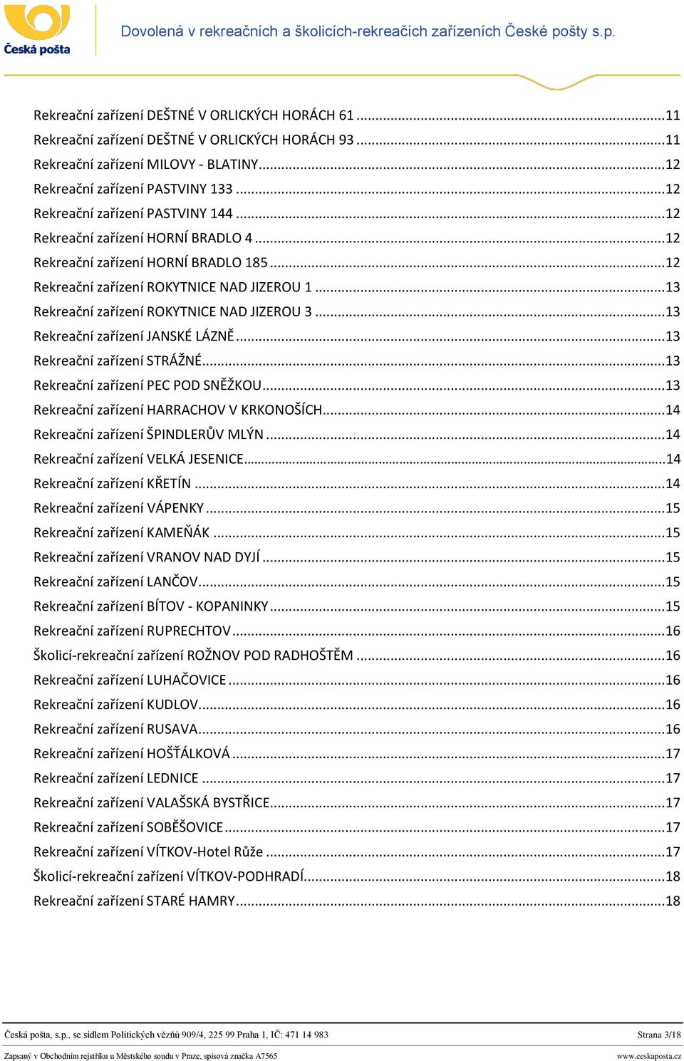 .. 13 Rekreační zařízení ROKYTNICE NAD JIZEROU 3... 13 Rekreační zařízení JANSKÉ LÁZNĚ... 13 Rekreační zařízení STRÁŽNÉ... 13 Rekreační zařízení PEC POD SNĚŽKOU.