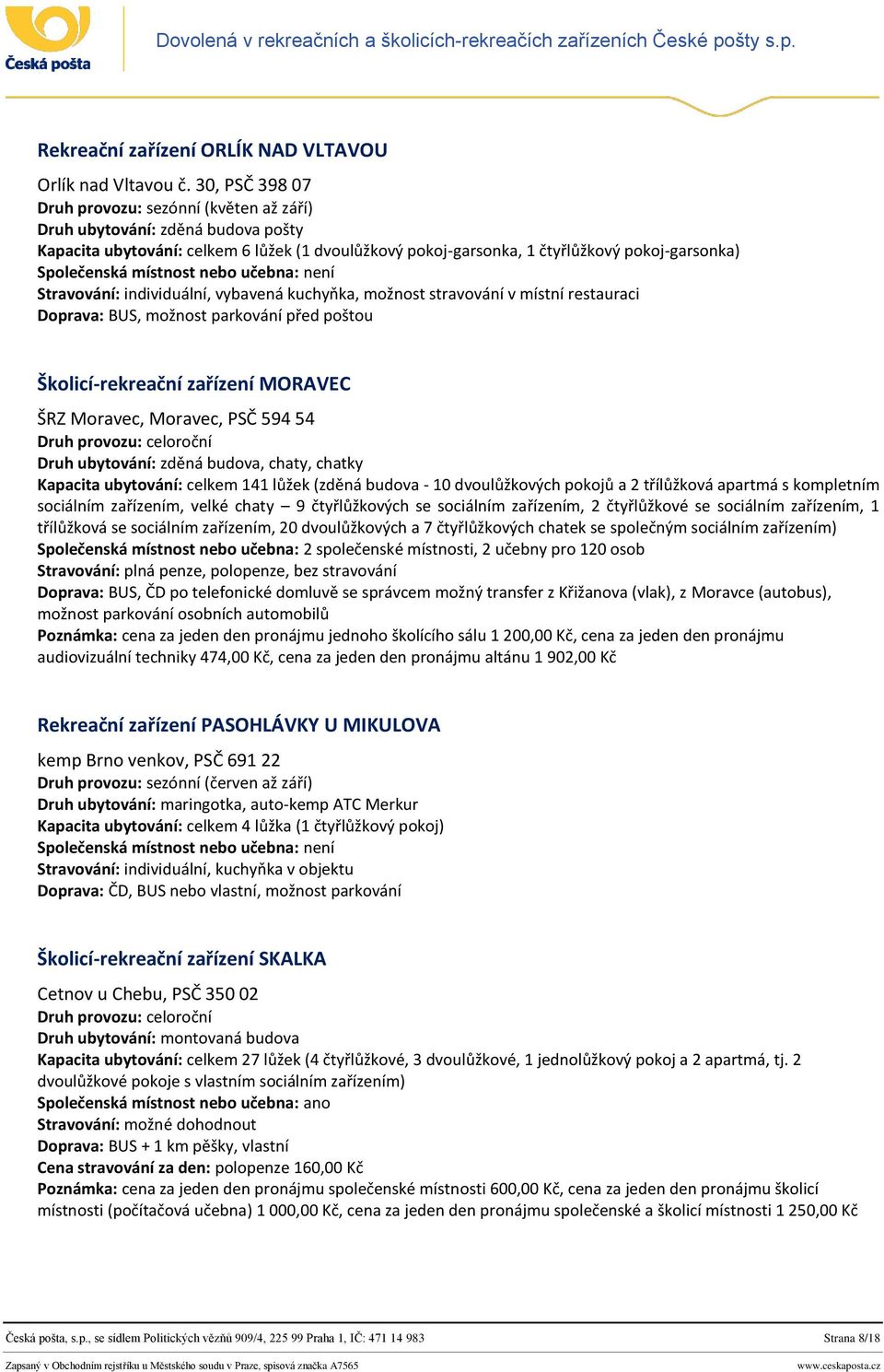 možnost stravování v místní restauraci Doprava: BUS, možnost parkování před poštou Školicí-rekreační zařízení MORAVEC ŠRZ Moravec, Moravec, PSČ 594 54 Druh ubytování: zděná budova, chaty, chatky