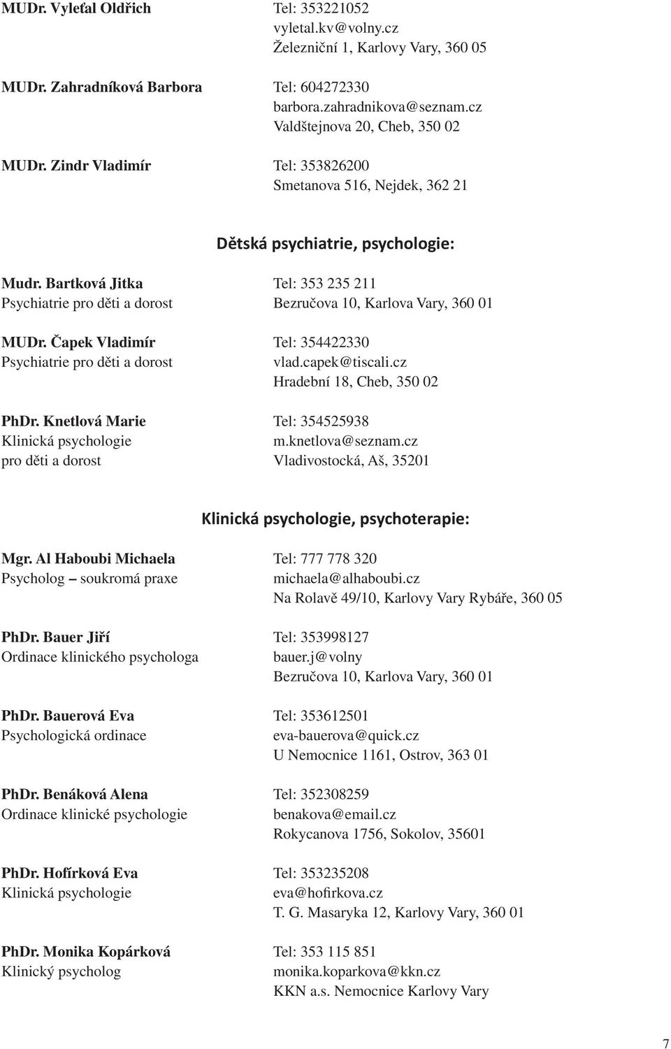 Bartková Jitka Tel: 353 235 211 Psychiatrie pro děti a dorost Bezručova 10, Karlova Vary, 360 01 MUDr. Čapek Vladimír Tel: 354422330 Psychiatrie pro děti a dorost vlad.capek@tiscali.