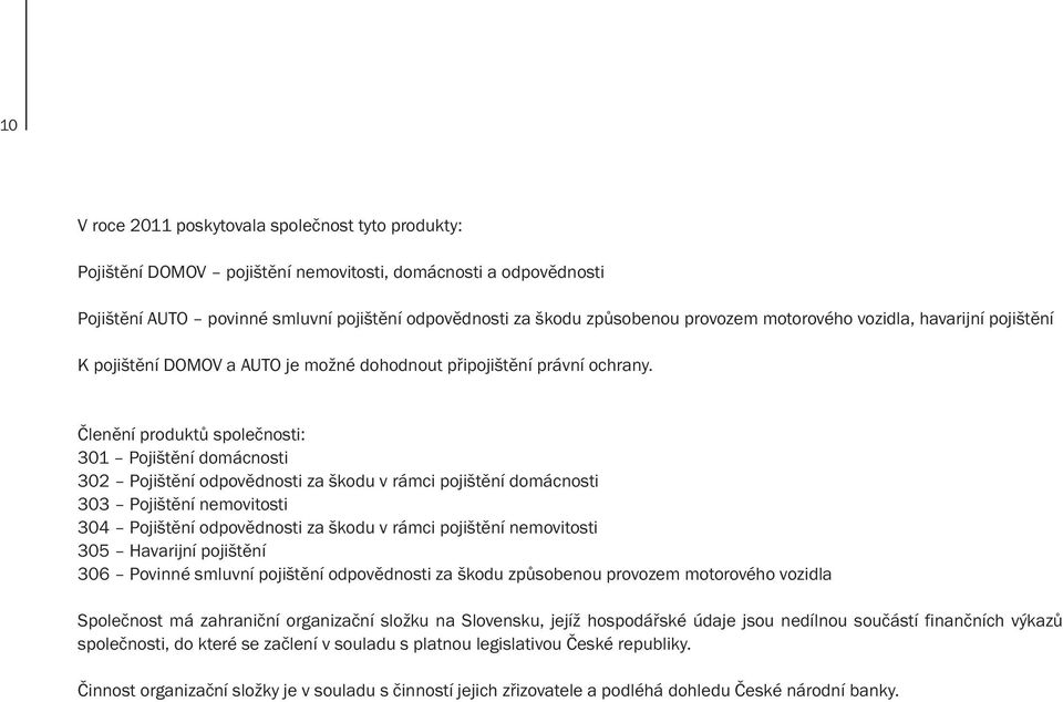 Členění produktů společnosti: 301 Pojištění domácnosti 302 Pojištění odpovědnosti za škodu v rámci pojištění domácnosti 303 Pojištění nemovitosti 304 Pojištění odpovědnosti za škodu v rámci pojištění