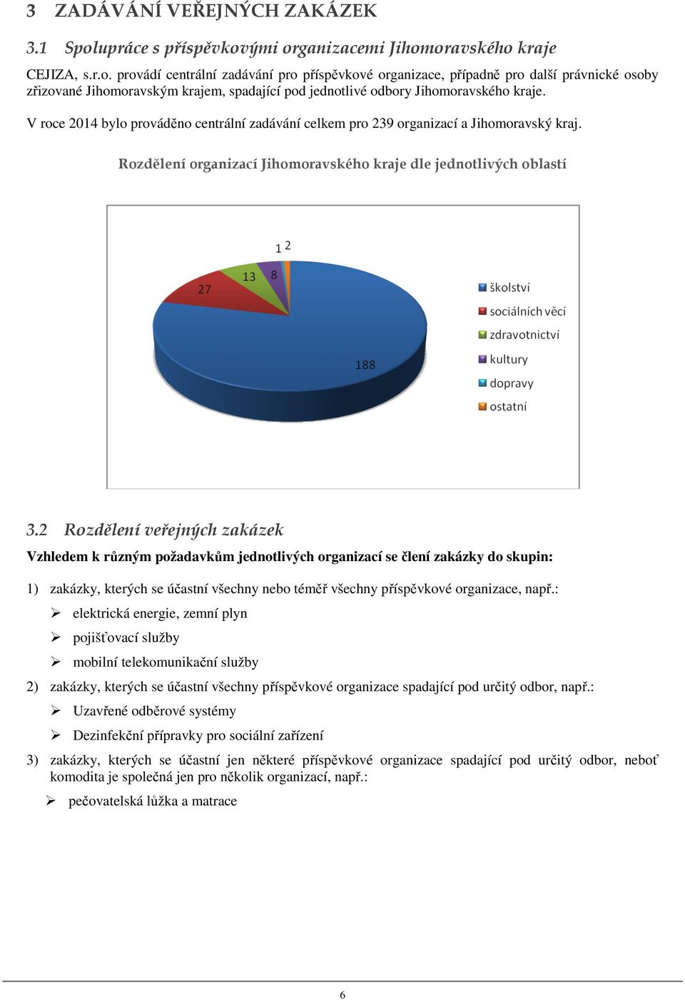 V roce 2014 bylo prováděno centrální zadávání celkem pro 239 organizací a Jihomoravský kraj. Rozdělení organizací Jihomoravského kraje dle jednotlivých oblastí 3.