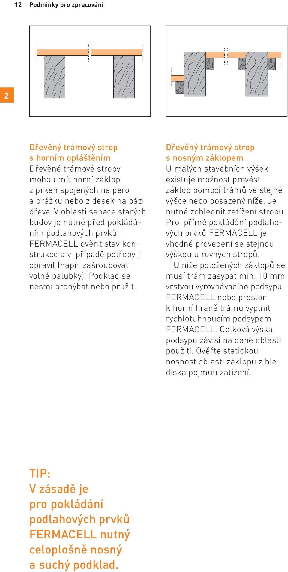 Podklad se nesmí prohýbat nebo pružit. Dřevěný trámový strop s nosným záklopem U malých stavebních výšek existuje možnost provést záklop pomocí trámů ve stejné výšce nebo posazený níže.