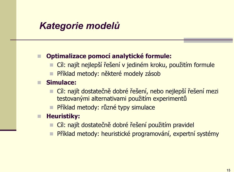 nejlepší řešení mezi testovanými alternativami použitím experimentů Příklad metody: různé typy simulace