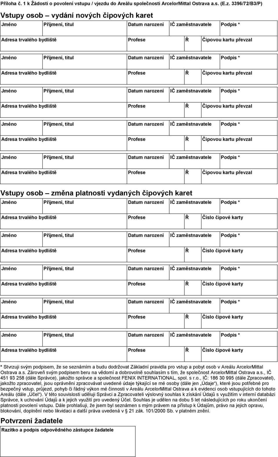 3396/72/B3/P) Vstupy osob vydání nových čipových karet Adresa trvalého bydliště Profese Ř Čipovou kartu převzal Adresa trvalého bydliště Profese Ř Čipovou kartu převzal Adresa trvalého bydliště