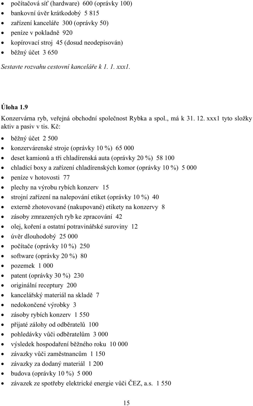 K : b žný ú et 2 500 konzervárenské stroje (oprávky 10 %) 65 000 deset kamion a t i chladírenská auta (oprávky 20 %) 58 100 chladící boxy a za ízení chladírenských komor (oprávky 10 %) 5 000 peníze v