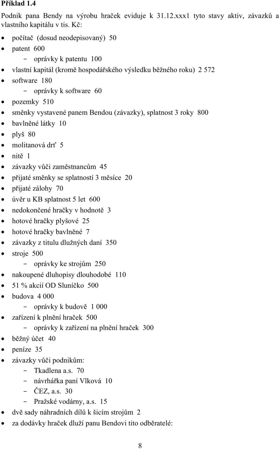 vystavené panem Bendou (závazky), splatnost 3 roky 800 bavln né látky 10 plyš 80 molitanová dr 5 nit 1 závazky v i zam stnanc m 45 p ijaté sm nky se splatností 3 m síce 20 p ijaté zálohy 70 úv r u KB