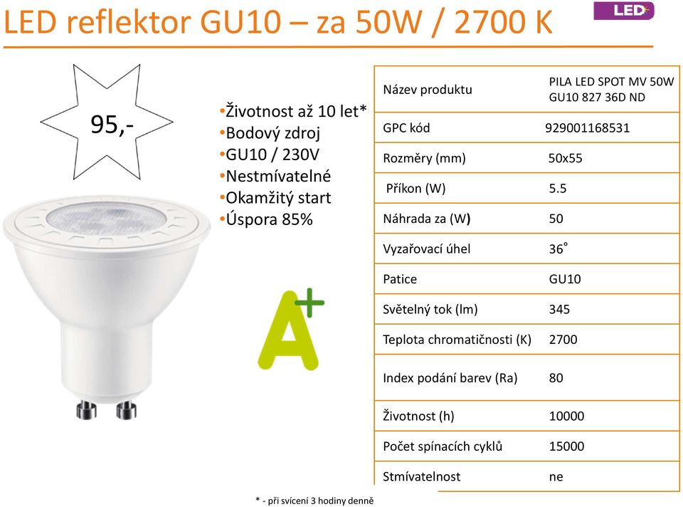 5.5 Náhrada za (W) 50 Vyzařovací úhel 36 Patice GU10 Světelný tok (lm) 345 Teplota chromatičnosti (K) 2700 Index