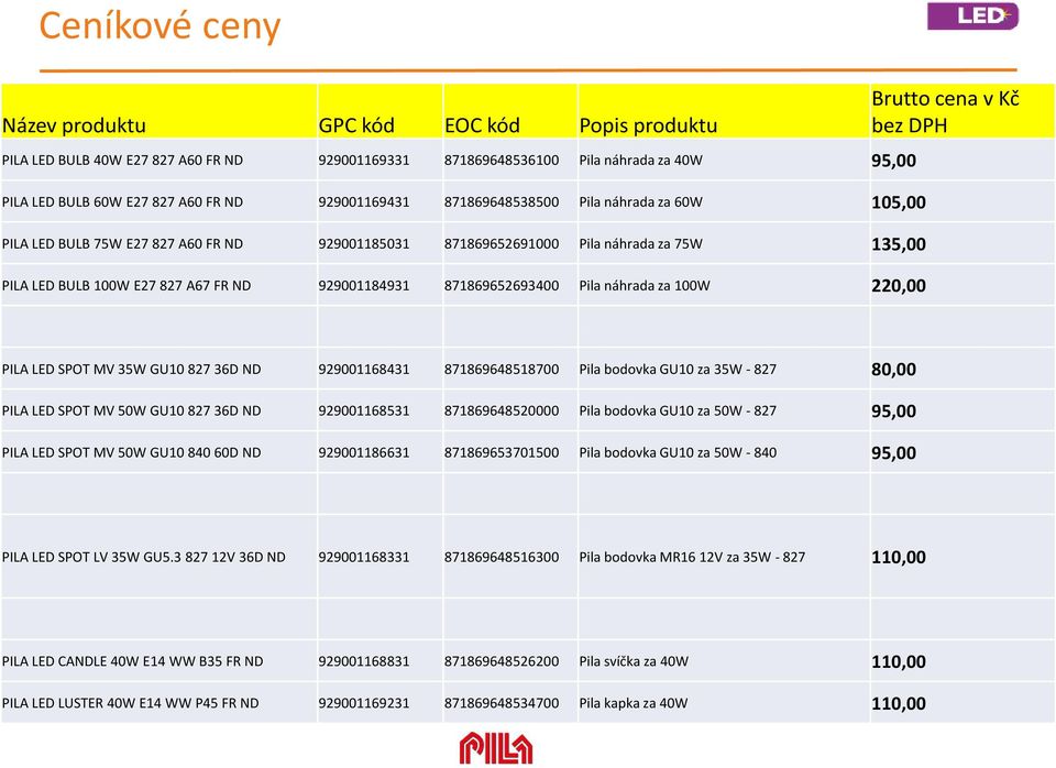 871869652693400 Pila náhrada za 100W 220,00 Brutto cena v Kč bez DPH PILA LED SPOT MV 35W GU10 827 36D ND 929001168431 871869648518700 Pila bodovka GU10 za 35W -827 80,00 PILA LED SPOT MV 50W GU10