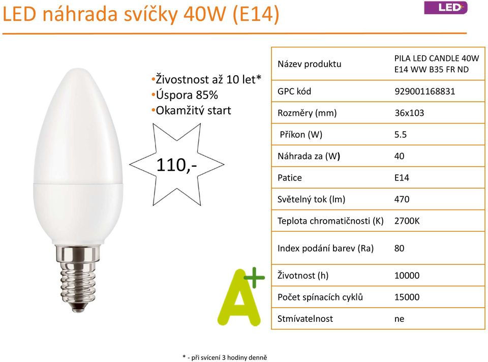 5 110,- Náhrada za (W) 40 Patice E14 Světelný tok (lm) 470 Teplota chromatičnosti (K) 2700K Index