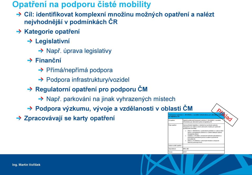 parkování na jinak vyhrazených místech Podpora výzkumu, vývoje a vzdělanosti v oblasti ČM Zpracovávají se karty opatření Transpozice směrnice č.