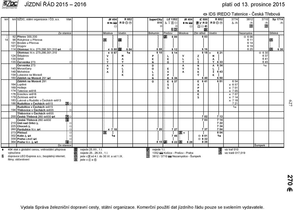 Vlak 404 R 852 516 LE 1352 404 550 IDS IREDO Tatenice - Česká Třebová R 852 Ze stanice Moskva Vsetín Bohumín Prešov Moskva Zlín střed Vsetín Nezamyslice Střelná 92 Přerov 300,330 6 00 6 03 6 06 14 98