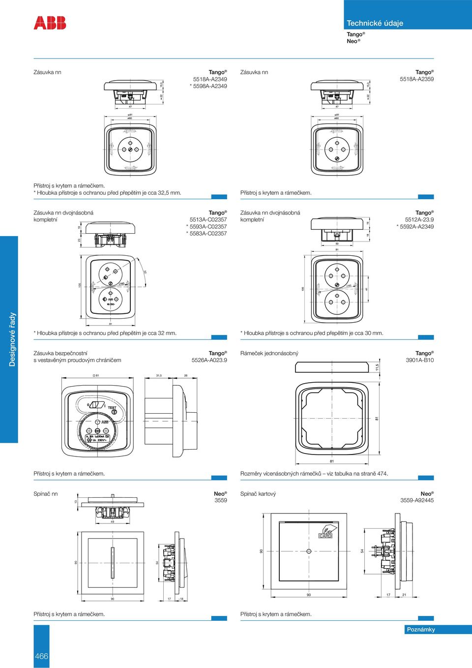 9 * 5592A-A2349 105 23 32 60 Designové řady * Hloubka přístroje s ochranou před přepětím je cca 32 mm. 81 Zásuvka bezpečnostní Tango s vestavěným proudovým chráničem 5526A-A023.