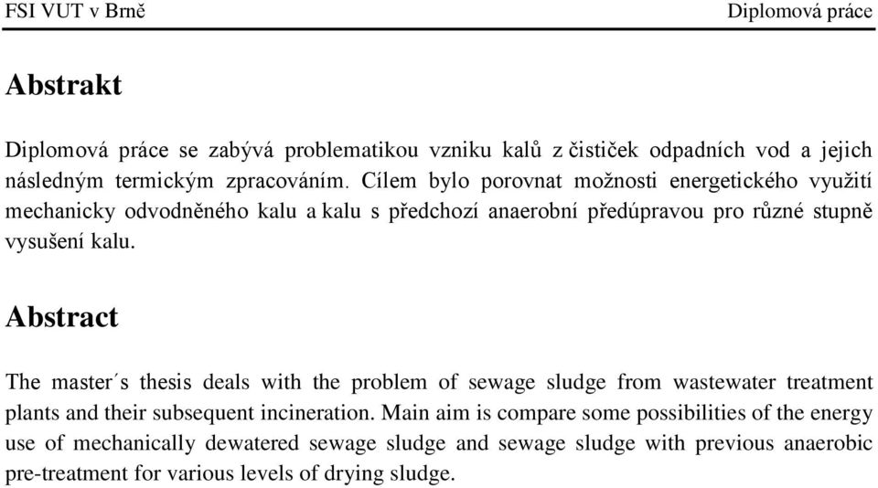 kalu. Abstract The master s thesis deals with the problem of sewage sludge from wastewater treatment plants and their subsequent incineration.
