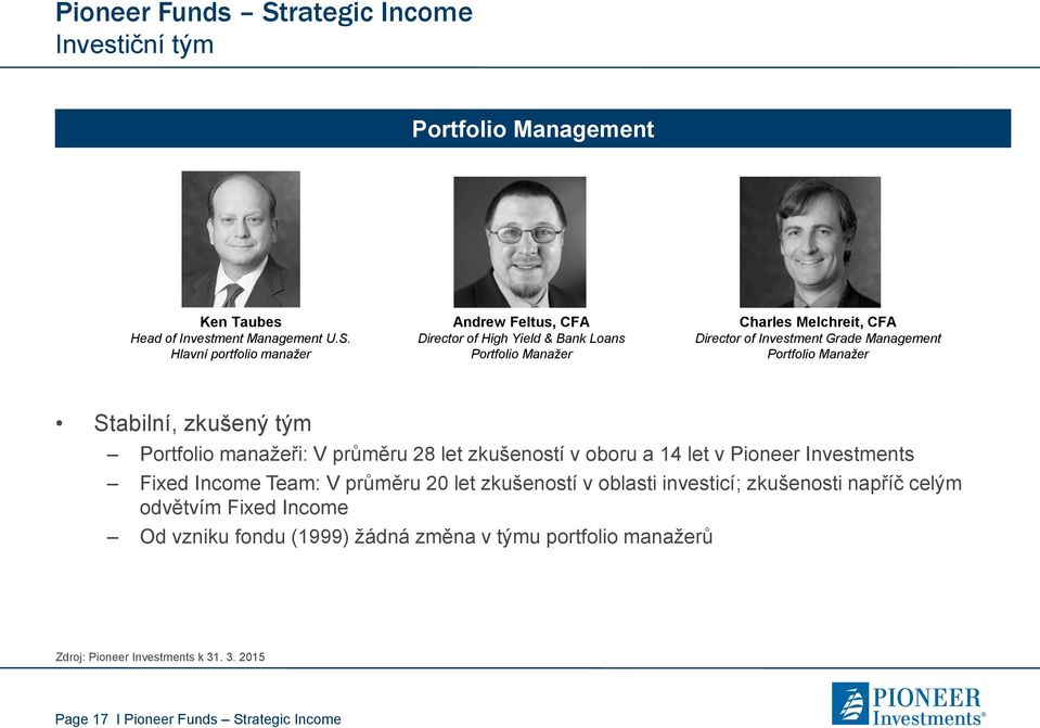 Management Portfolio Manažer Stabilní, zkušený tým Portfolio manažeři: V průměru 28 let zkušeností v oboru a 14 let v Pioneer Investments Fixed Income Team: