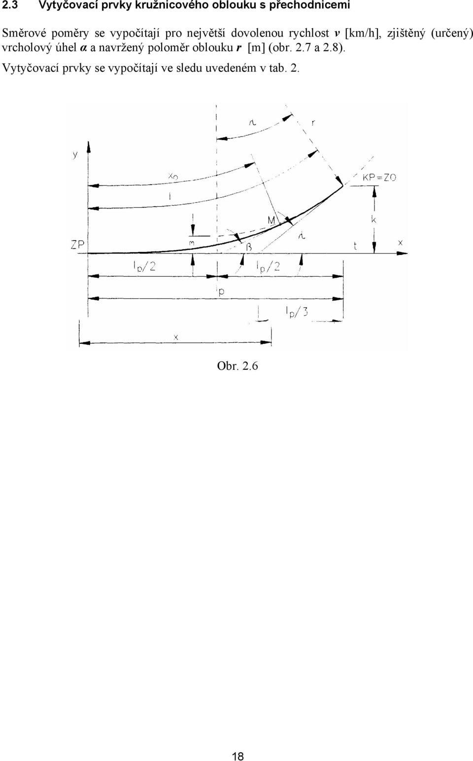 (určený) vrcholový úhel α a navržený poloměr oblouku r [m] (obr. 2.