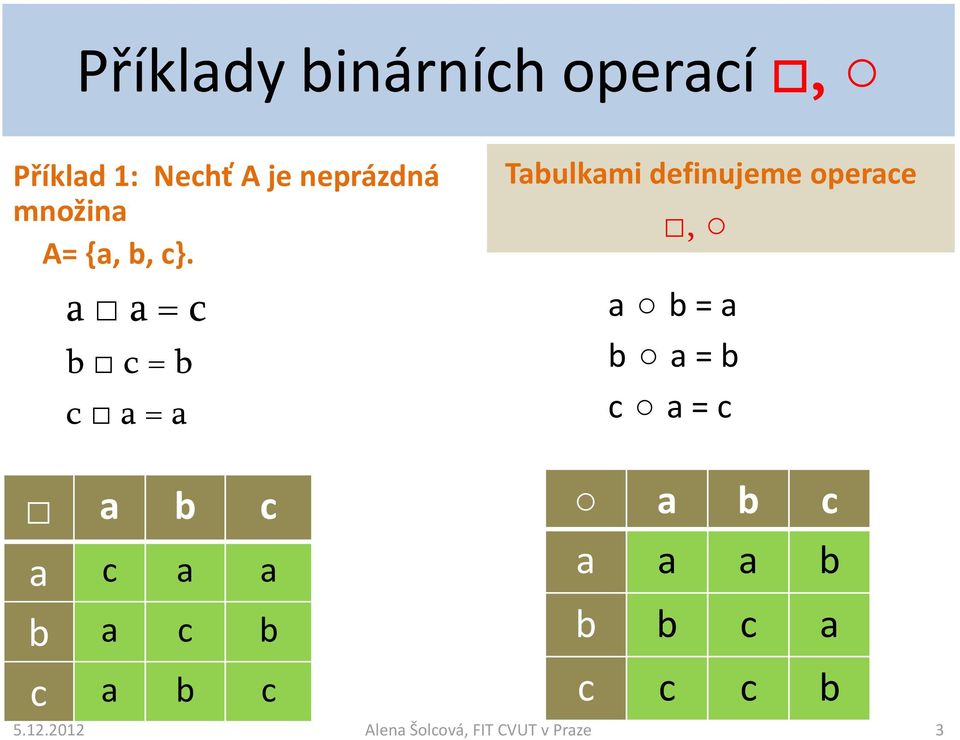 a a = c b c = b c a = a Tabulkami definujeme operace, a