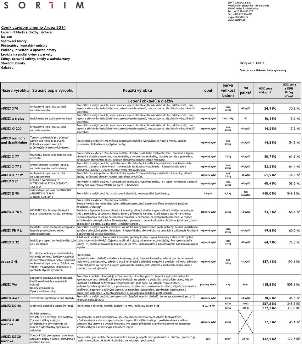 cz Ceník stavební chemie Ardex 2014 Lepení obkladů a dlažby, izolace Izolace Spárovací hmoty Přednátěry, kontaktní můstky Podlahy, nivelační a opravné hmoty Lepidla na podlahoviny a parkety Stěny,