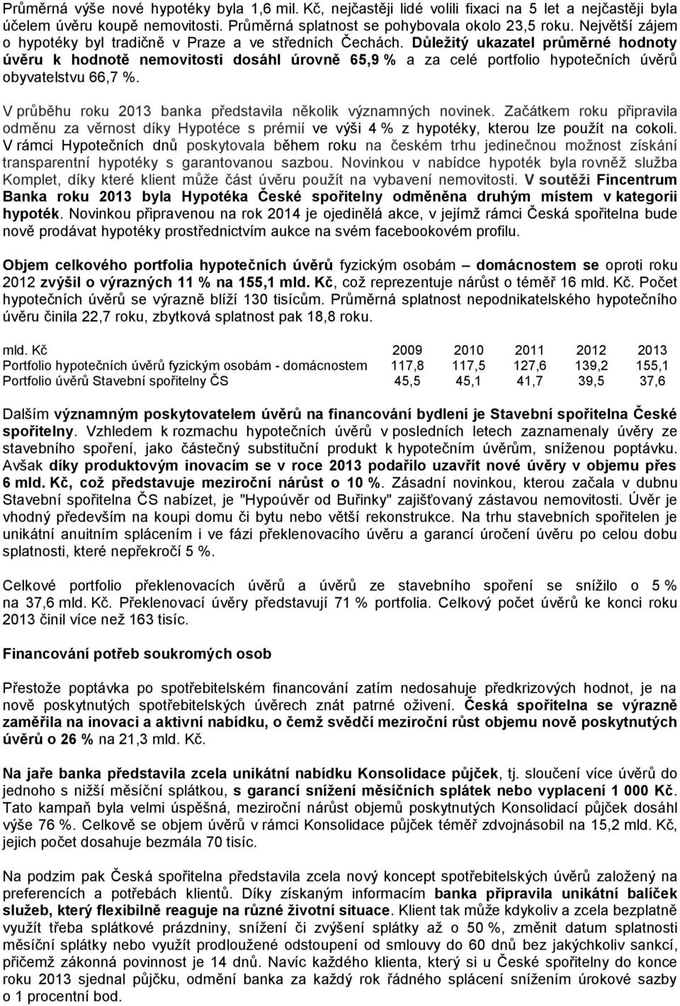 Důležitý ukazatel průměrné hodnoty úvěru k hodnotě nemovitosti dosáhl úrovně 65,9 % a za celé portfolio hypotečních úvěrů obyvatelstvu 66,7 %.