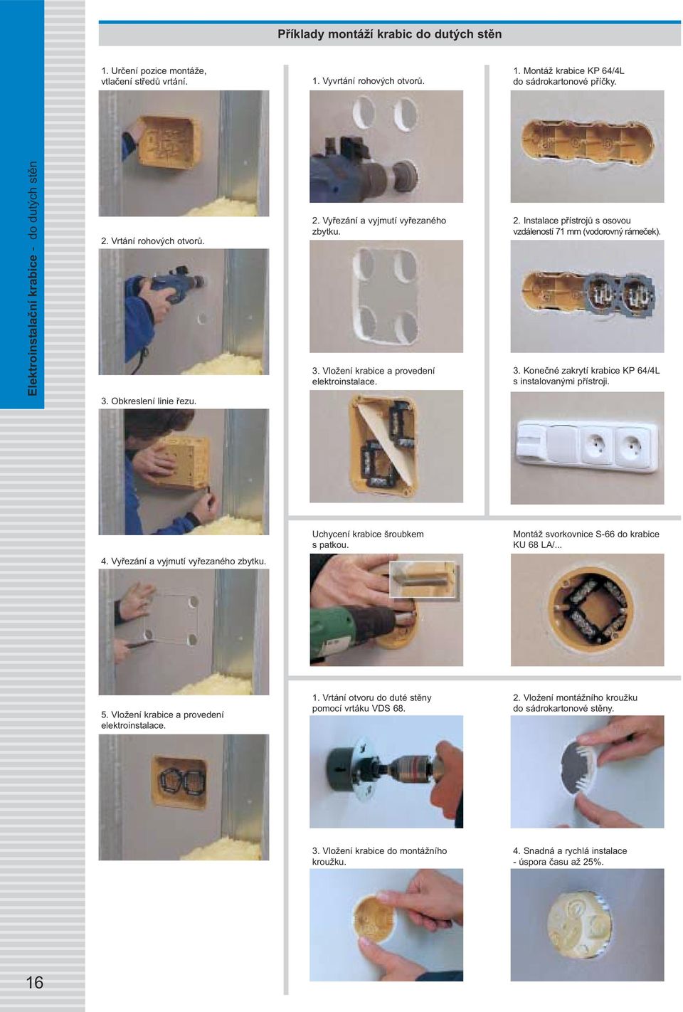 3. Konečné zakrytí krabice KP 64/4L s instalovanými přístroji. Uchycení krabice šroubkem s patkou. Montáž do krabice KU 68 LA/... 4. Vyřezání a vyjmutí vyřezaného zbytku. 5.