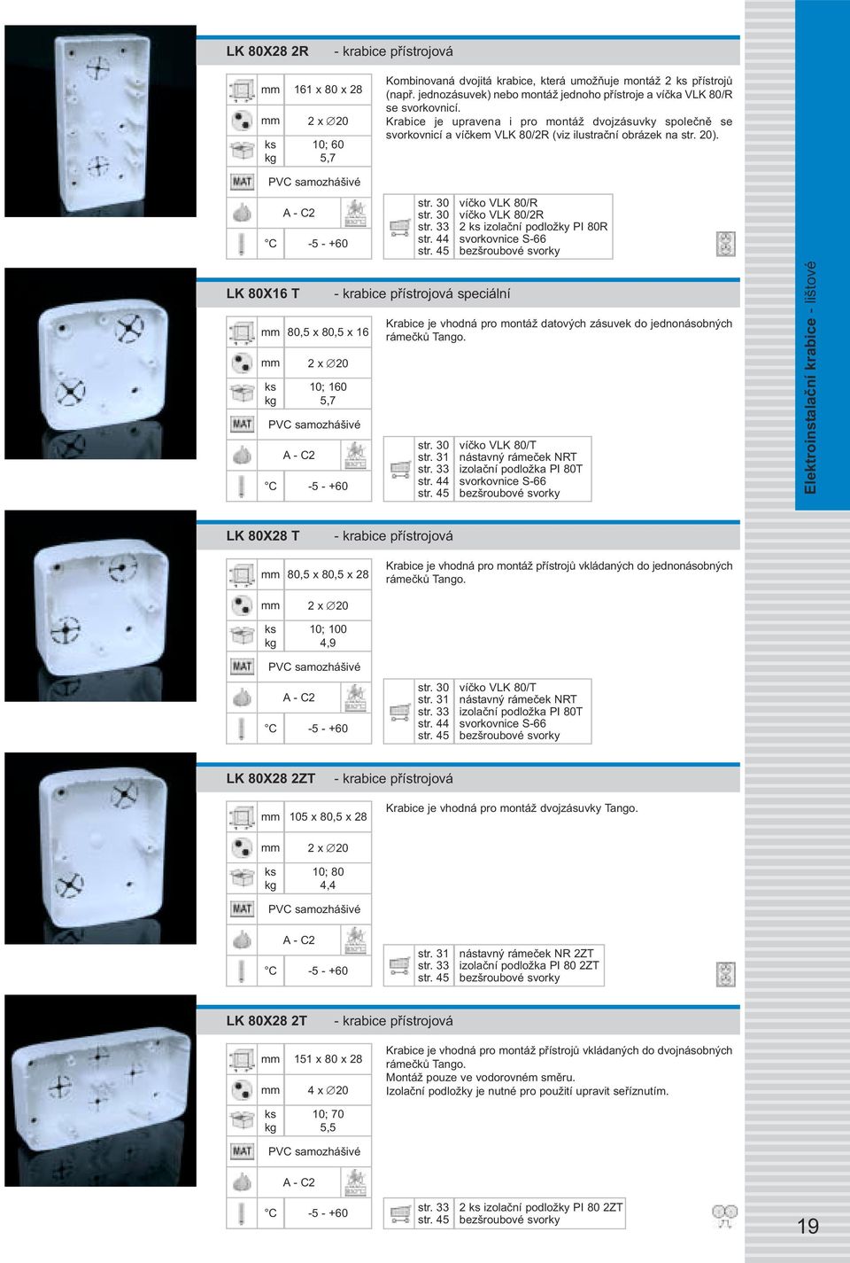 30 str. 33 víčko VLK 80/R víčko VLK 80/2R 2 izolační podložky PI 80R LK 80X6 T 80,5 x 80,5 x 6 2 x 20 0; 60 5,7 speciální Krabice je vhodná pro montáž datových zásuvek do jednonásobných rámečků Tango.