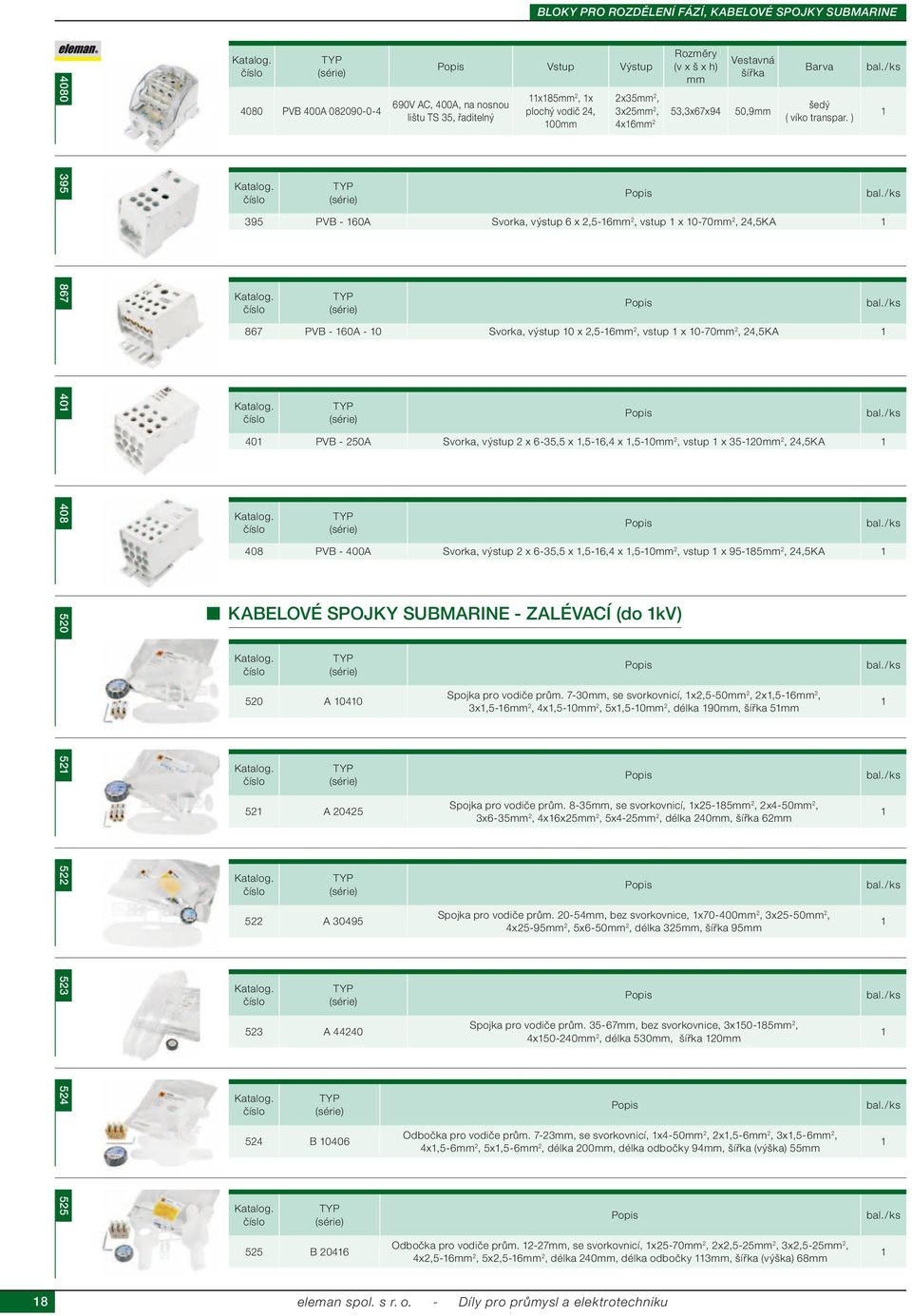 ) 1 395 867 401 408 395 PVB - 160A Svorka, výstup 6 x 2,5-16 2, vstup 1 x 10-70 2, 24,5KA 1 867 PVB - 160A - 10 Svorka, výstup 10 x 2,5-16 2, vstup 1 x 10-70 2, 24,5KA 1 401 PVB - 250A Svorka, výstup