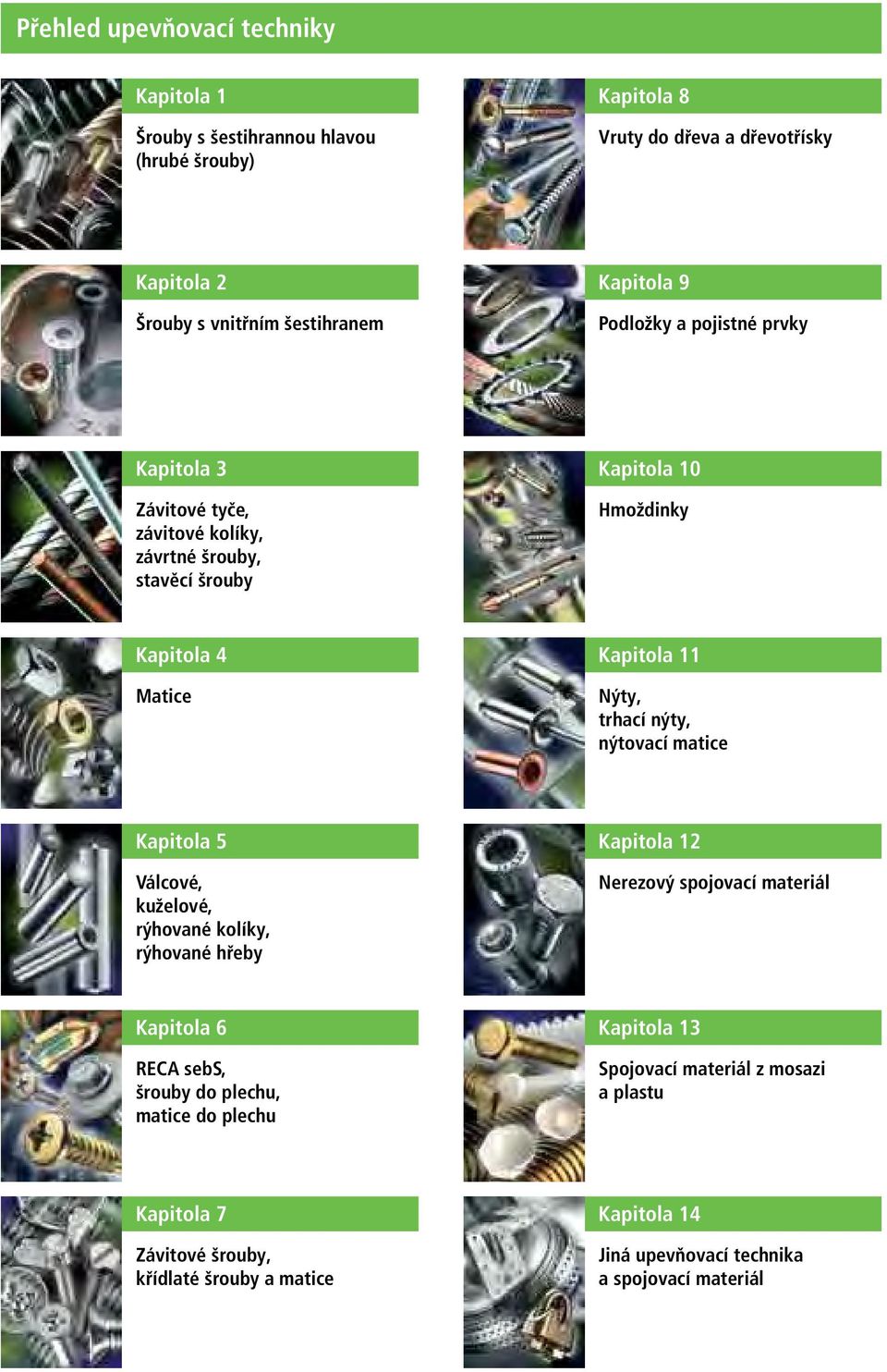 trhací nýty, nýtovací matice Kapitola 5 Válcové, kuželové, rýhované kolíky, rýhované hřeby Kapitola 12 Nerezový spojovací materiál Kapitola 6 RECA sebs, šrouby do