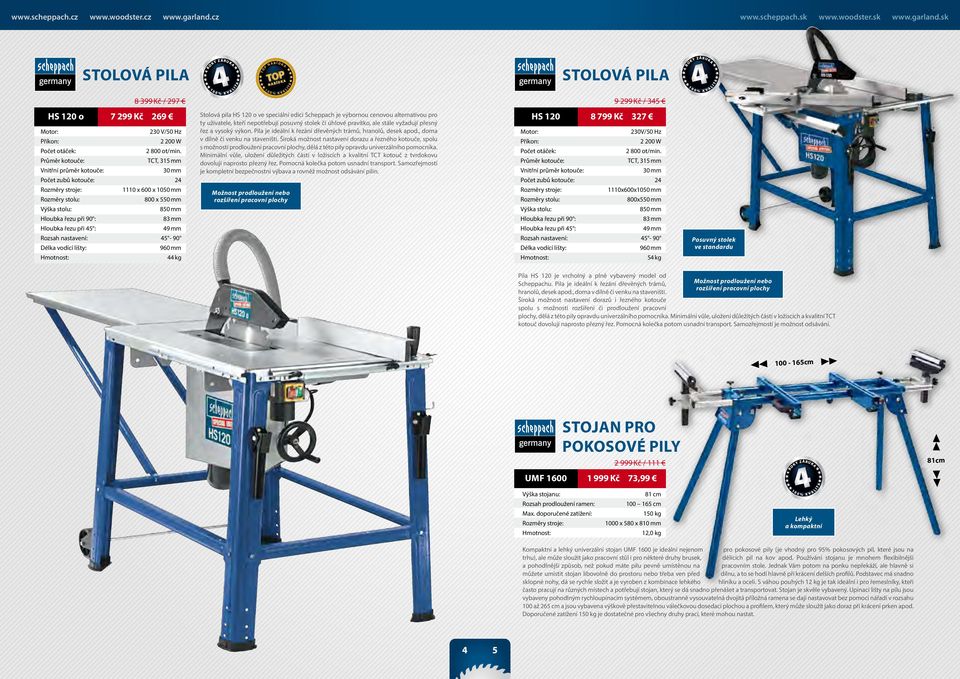 nastavení: 5-90 Délka vodící lišty: 960 mm kg Stolová pila HS 120 o ve speciální edici Scheppach je výbornou cenovou alternativou pro ty uživatele, kteří nepotřebují posuvný stolek či úhlové