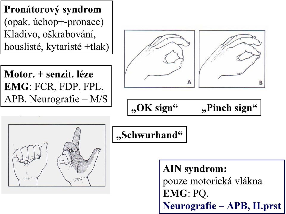 +tlak) Motor. + senzit. léze EMG: FCR, FDP, FPL, APB.