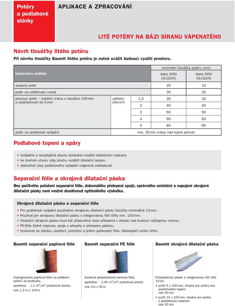 stlačitelnosti do 5 mm potěr na podlahové vytápění Podlahové topení a spáry zatížení (kn/m²) 1,5 35 35 2 40 40 3 50 50 4 60 60 5 65 65 min.