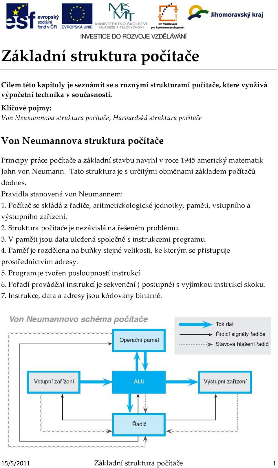 von Neumann. Tato struktura je s určitými obměnami z{kladem počítačů dodnes. Pravidla stanoven{ von Neumannem: 1.