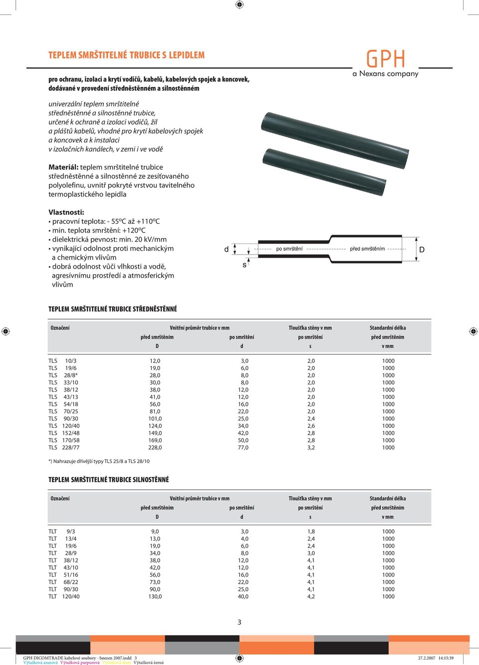 Materiál: teplem smrštitelné trubice středněstěnné a silnostěnné ze zesíťovaného polyolefinu, uvnitř pokryté vrstvou tavitelného termoplastického lepidla pracovní teplota: - 55 o C až +110 o C min.