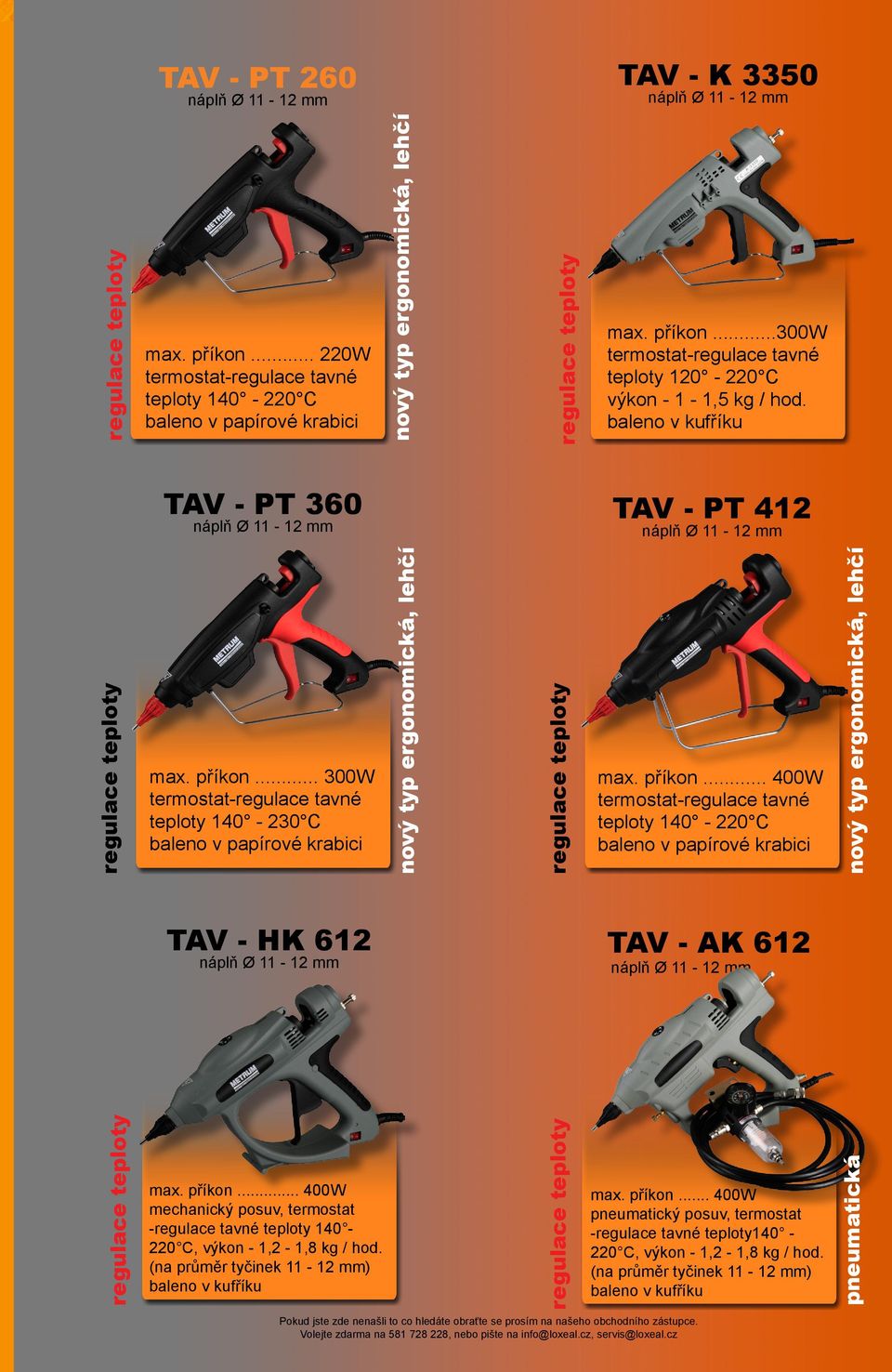 příkon... 400W termostat-regulace tavné teploty 140-220 C baleno v papírové krabici nový typ ergonomická, lehčí TAV - HK 612 TAV - AK 612 regulace teploty max. příkon.