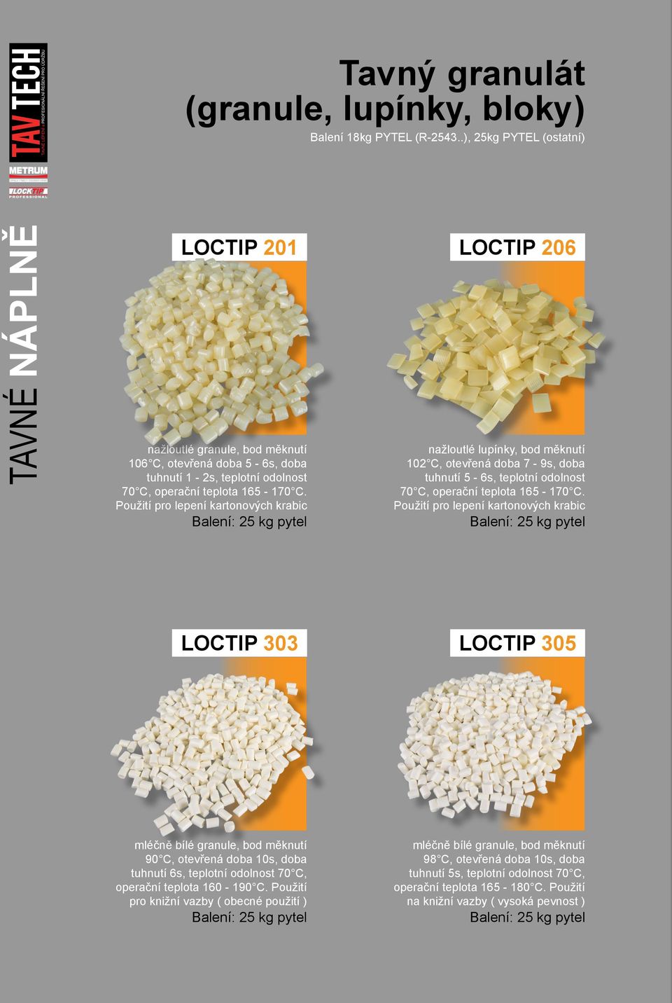 Použití pro lepení kartonových krabic Balení: 25 kg pytel LOCTIP 206 nažloutlé lupínky, bod měknutí 102 C, otevřená doba 7-9s, doba tuhnutí 5-6s, teplotní odolnost 70 C, operační teplota 165-170 C.