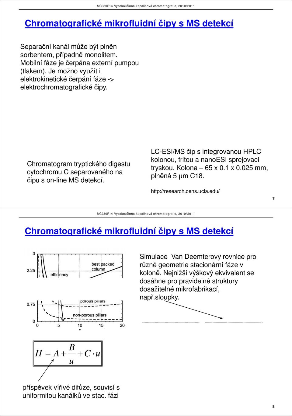 LC-ESI/MS čip s integrovanou HPLC kolonou, fritou a nanoesi sprejovací tryskou. Kolona 65 x 0.1 x 0.025 mm, plněná 5 µm C18. http://research.cens.ucla.
