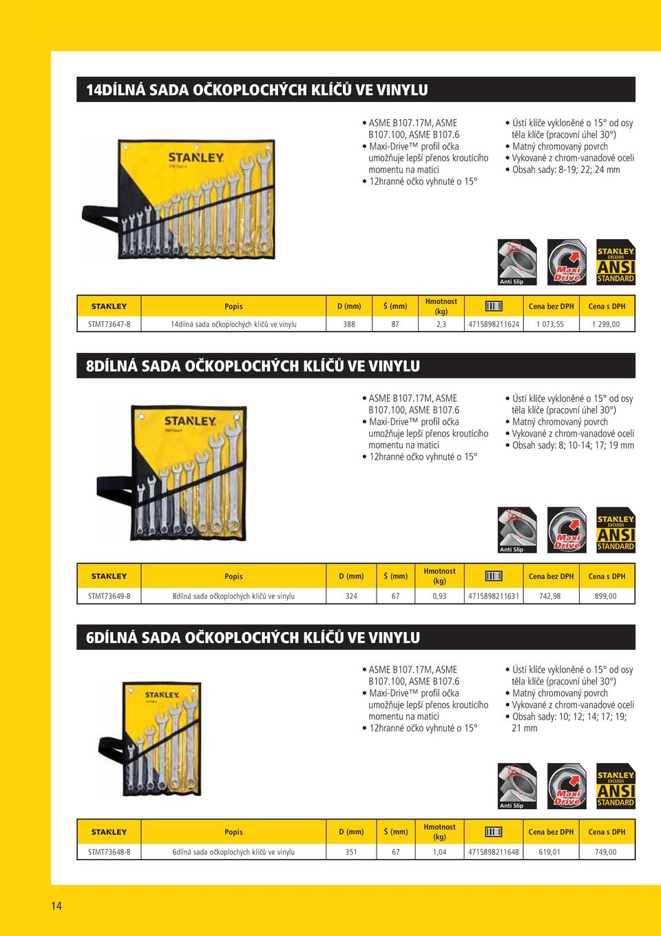 z chrom-vanadové oceli Obsah sady: 8-19; 22; 24 mm Anti Slip ANSI Popis D Š Hmotnost (kg) Cena bez DPH Cena s DPH STMT73647-8 14dílná sada očkoplochých klíčů ve vinylu 388 87 2,3 4715898211624 1
