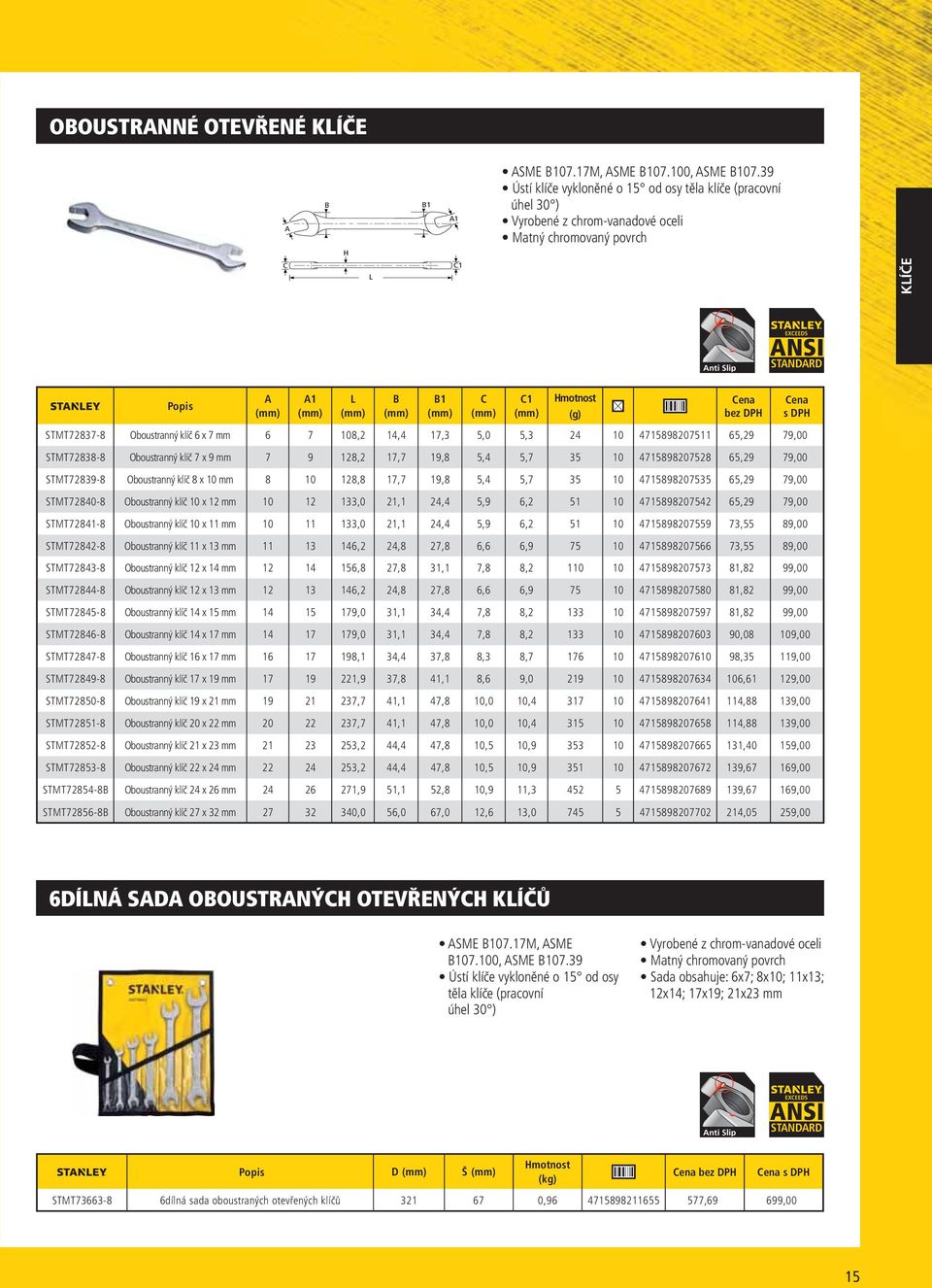 Cena s DPH STMT72837-8 Oboustranný klíč 6 x 7 mm 6 7 108,2 14,4 17,3 5,0 5,3 24 10 4715898207511 65,29 79,00 STMT72838-8 Oboustranný klíč 7 x 9 mm 7 9 128,2 17,7 19,8 5,4 5,7 35 10 4715898207528