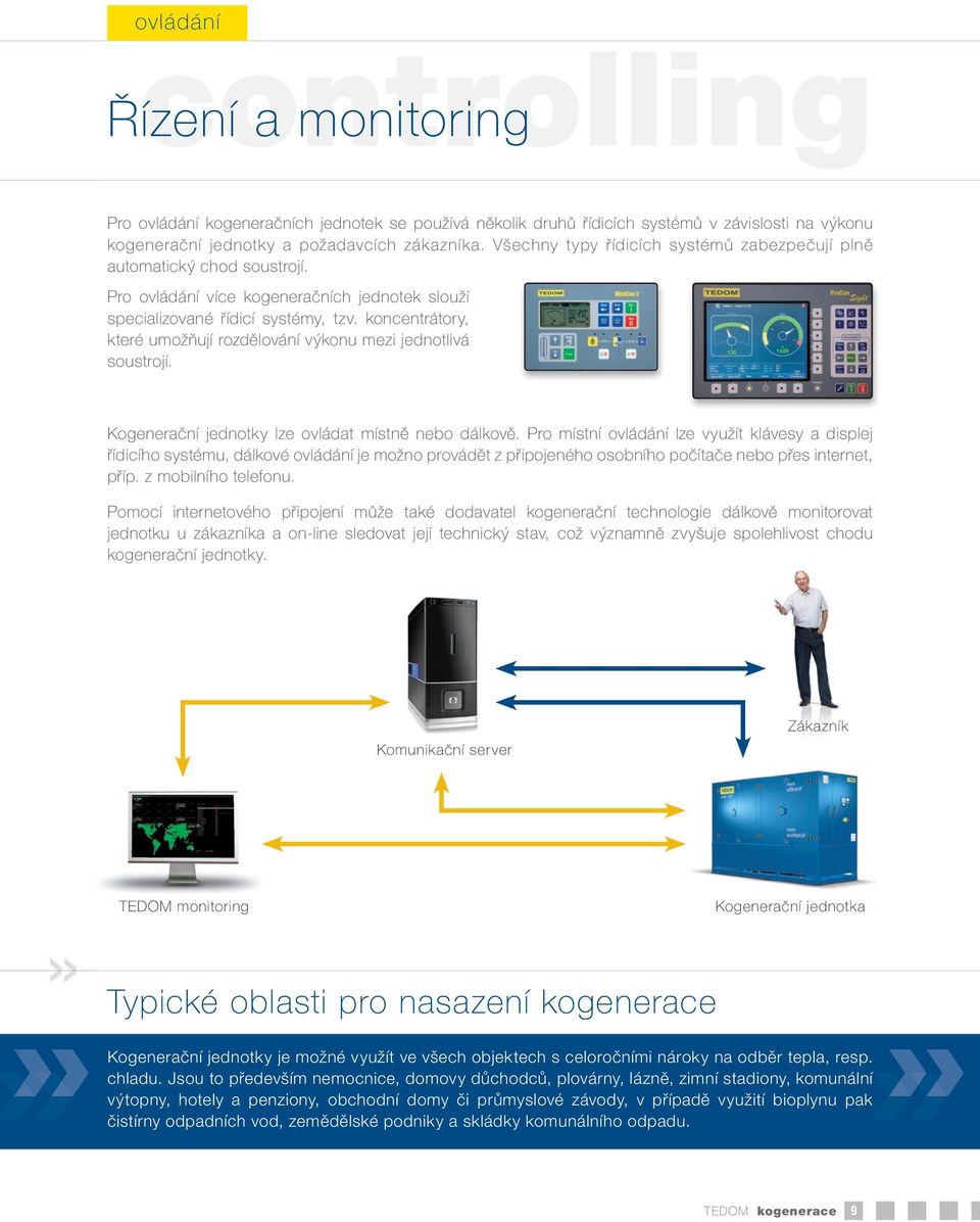 koncentrátory, které umožňují rozdělování výkonu mezi jednotlivá soustrojí. Kogenerační jednotky lze ovládat místně nebo dálkově.