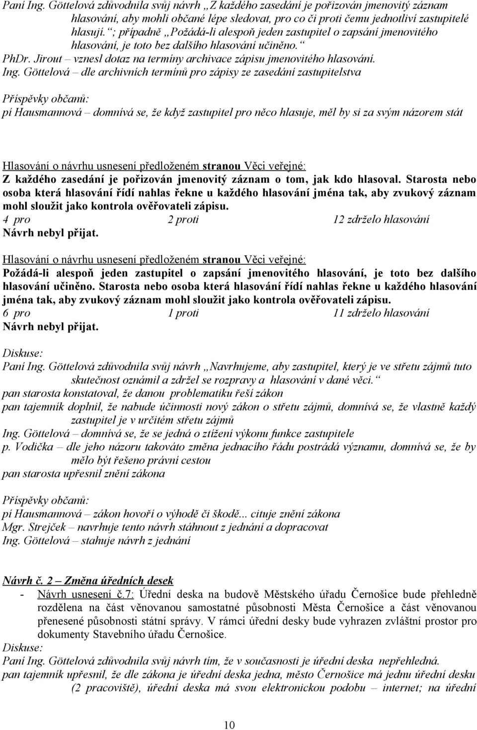 Göttelová dle archivních termínů pro zápisy ze zasedání zastupitelstva Příspěvky občanů: pí Hausmannová domnívá se, že když zastupitel pro něco hlasuje, měl by si za svým názorem stát Hlasování o