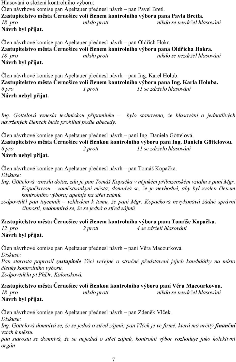 Člen návrhové komise pan Apeltauer přednesl návrh pan Ing. Karel Holub. Zastupitelstvo města Černošice volí členem kontrolního výboru pana Ing. Karla Holuba. 6 pro 1 proti 11 se zdrželo hlasování Ing.
