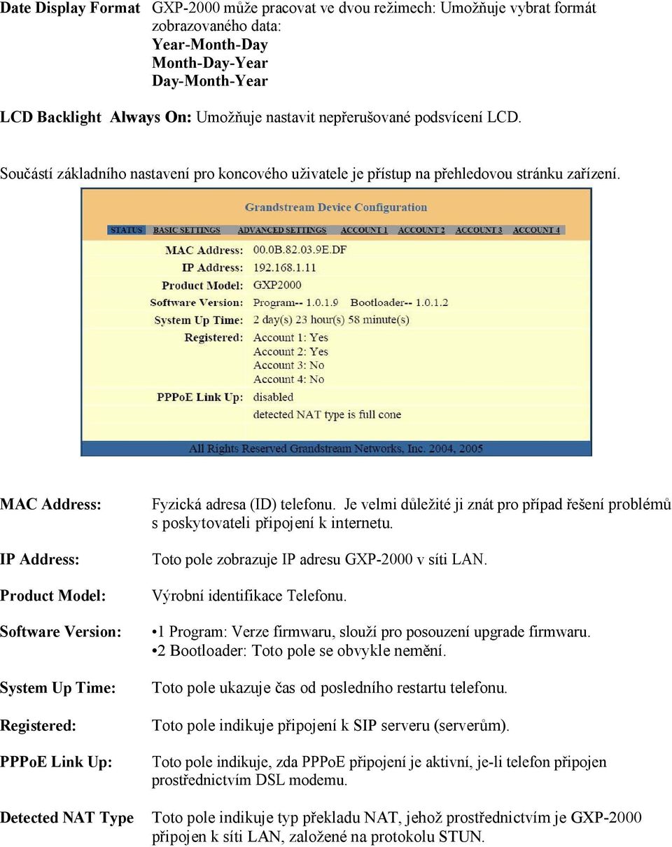 MAC Address: IP Address: Product Model: Software Version: System Up Time: Registered: PPPoE Link Up: Detected NAT Type Fyzická adresa (ID) telefonu.