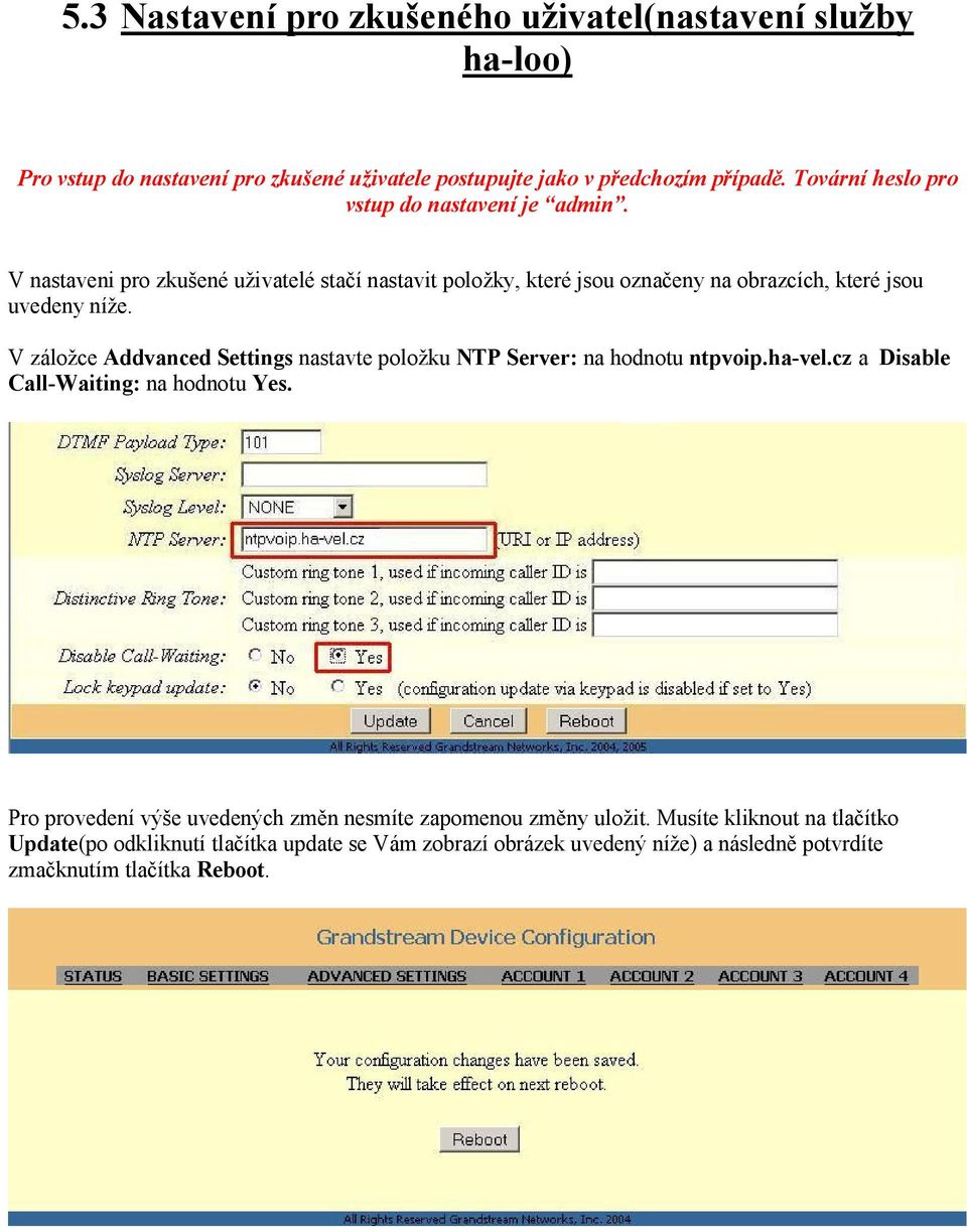 V záložce Addvanced Settings nastavte položku NTP Server: na hodnotu ntpvoip.ha-vel.cz a Disable Call-Waiting: na hodnotu Yes.