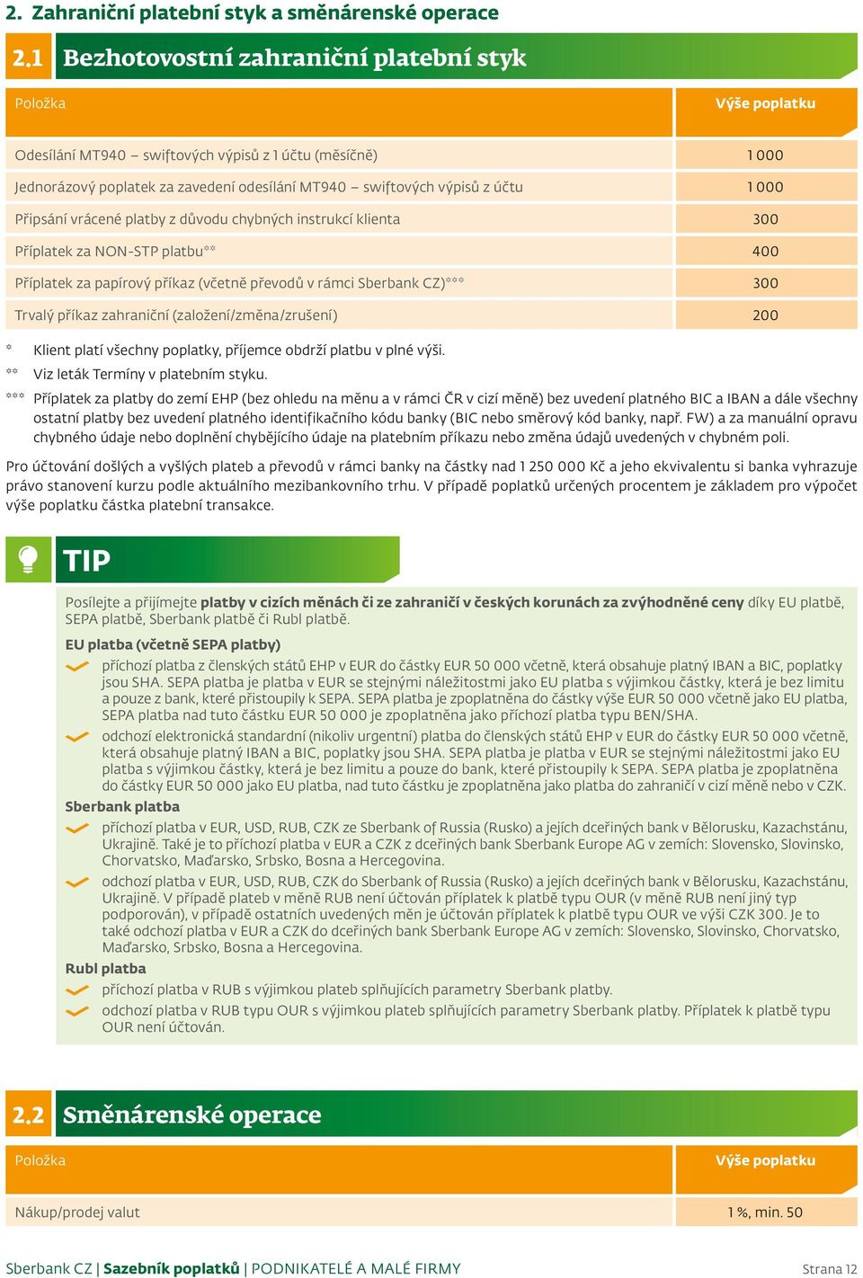 platby z důvodu chybných instrukcí klienta 300 Příplatek za NON-STP platbu** 400 Příplatek za papírový příkaz (včetně převodů v rámci Sberbank CZ)*** 300 Trvalý příkaz zahraniční