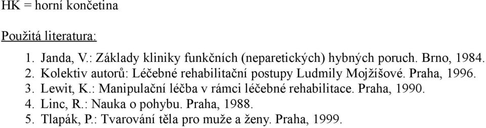 Kolektiv autorů: Léčebné rehabilitační postupy Ludmily Mojžíšové. Praha, 1996. 3. Lewit, K.